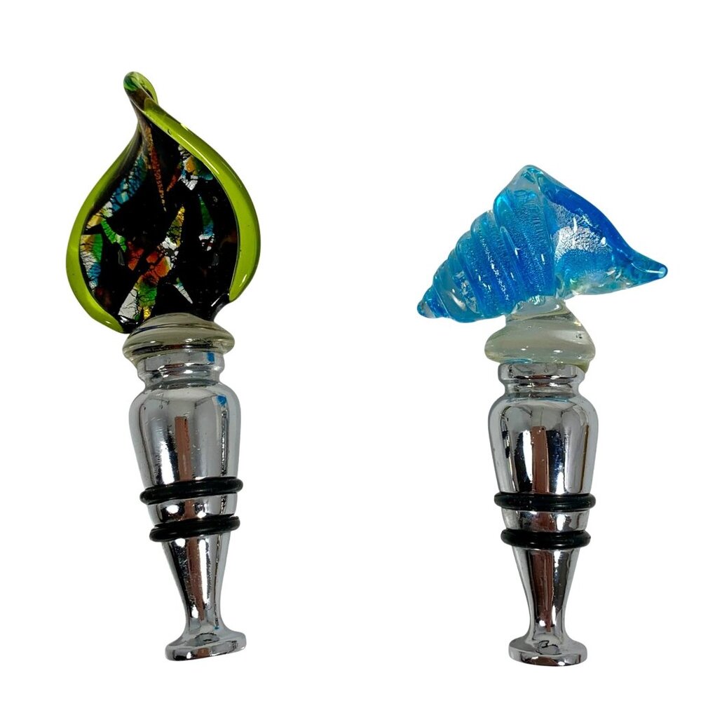 Handcrafted Glass Wine Bottle Stoppers Set Of 2 Chrome Finish Seashell/Abstract